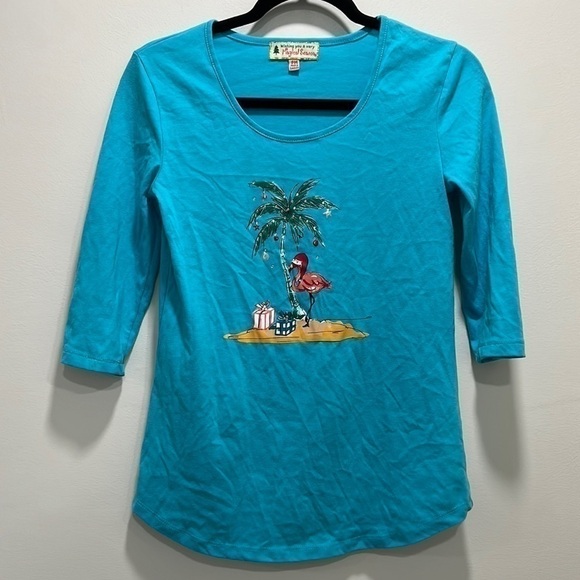 𝅺wishing You A Very Magical Season Palm Tree Flamingo Top size Petite Medium - Picture 1 of 9